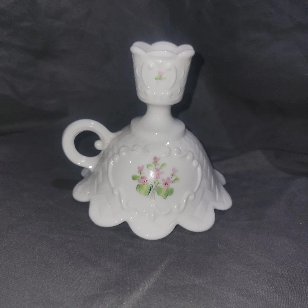 Milk Glass Finger Ring Candle Holder Hand Painted Violets Signed by Vicki F
